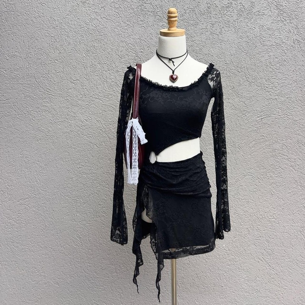 Fashion Nova Black Lace Cut Out Mini Dress XS Long Sleeve Whimsigoth